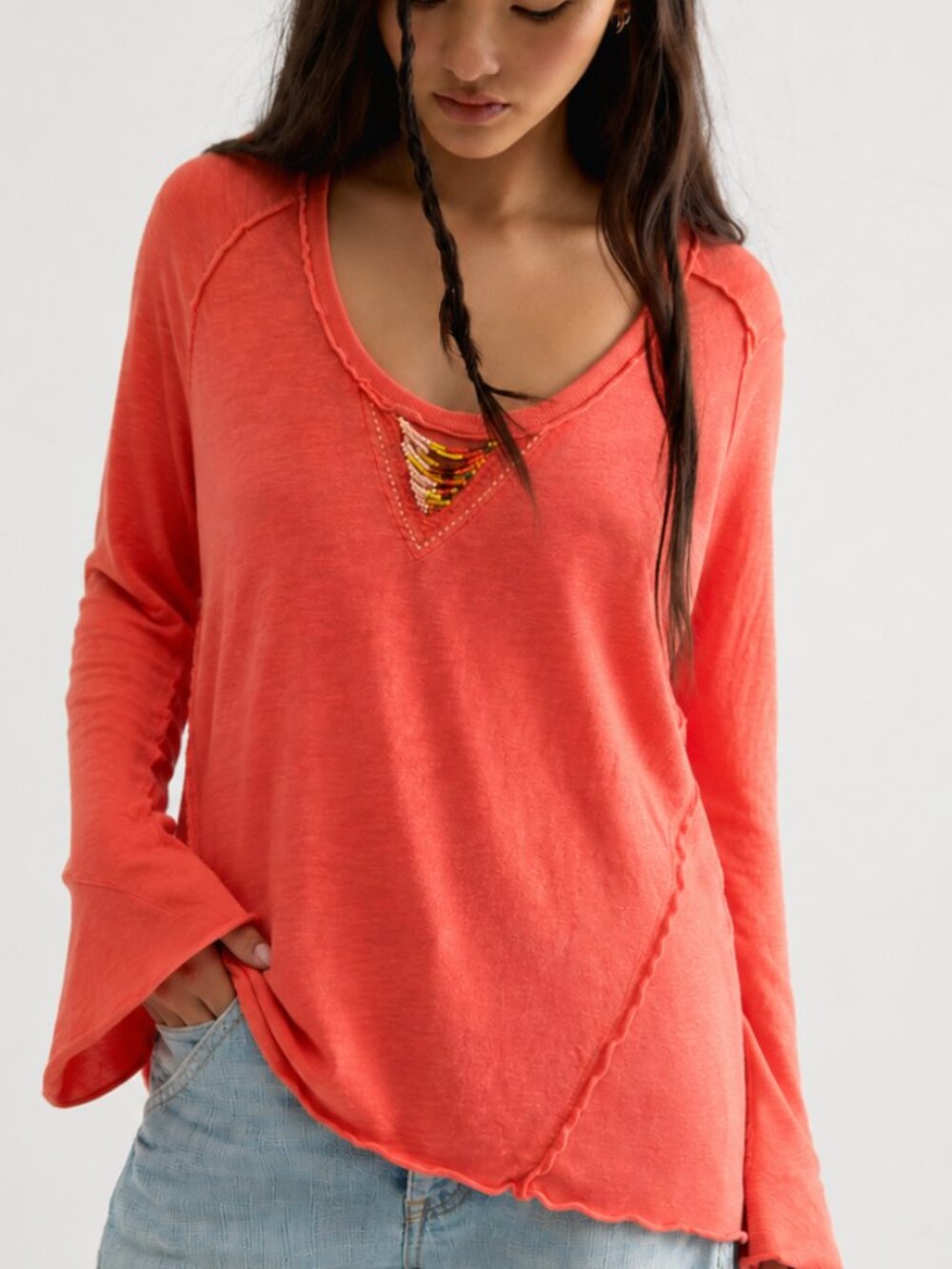 FREE PEOPLE BEADED V LONG SLEEVE TEE